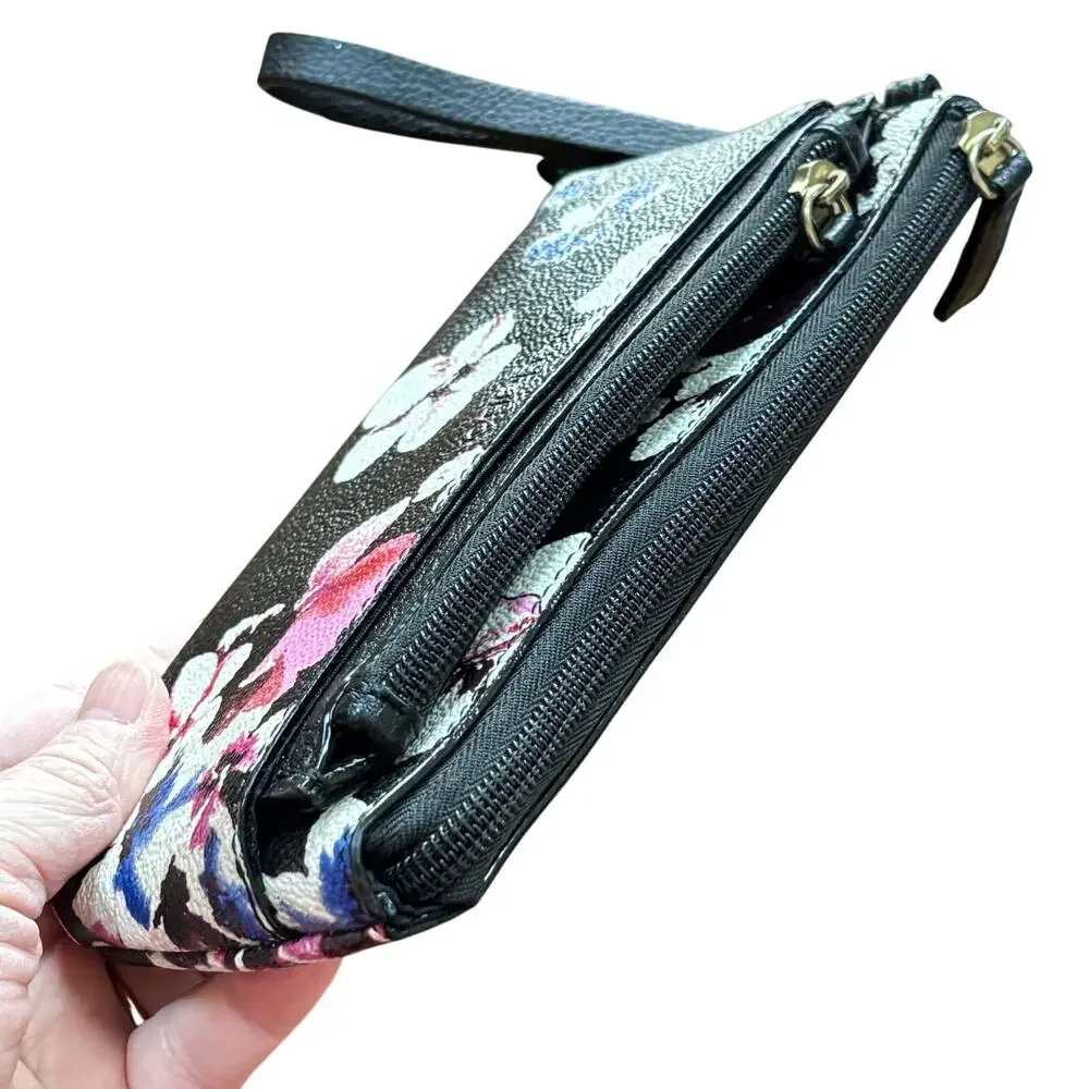 NEW Liz Claiborne wristlet wallet black & pink floral pull out ID cards pouch
